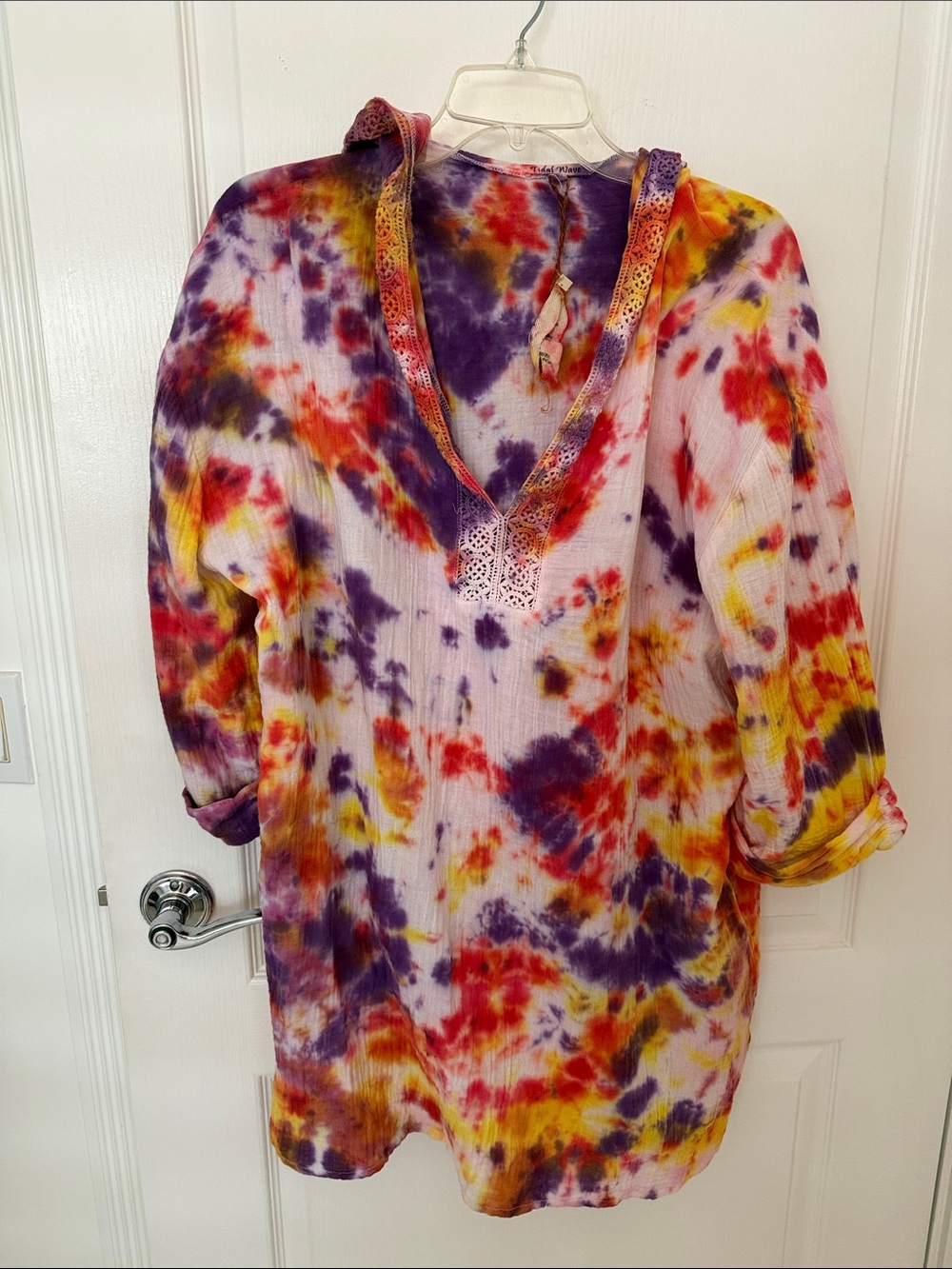 Tie-Dye V-Neck Coverup with Lace Trim - Purple, Yellow, Orange